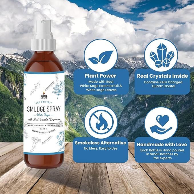 SOUL STICKS White Sage with Pearl Smudge Spray – 3.5oz Smokeless Energy Mist – Quartz Crystal & Pearl Infused Aura Cleanser – Spiritual Spray for Emotional Balance, Protection & Inner Peace
