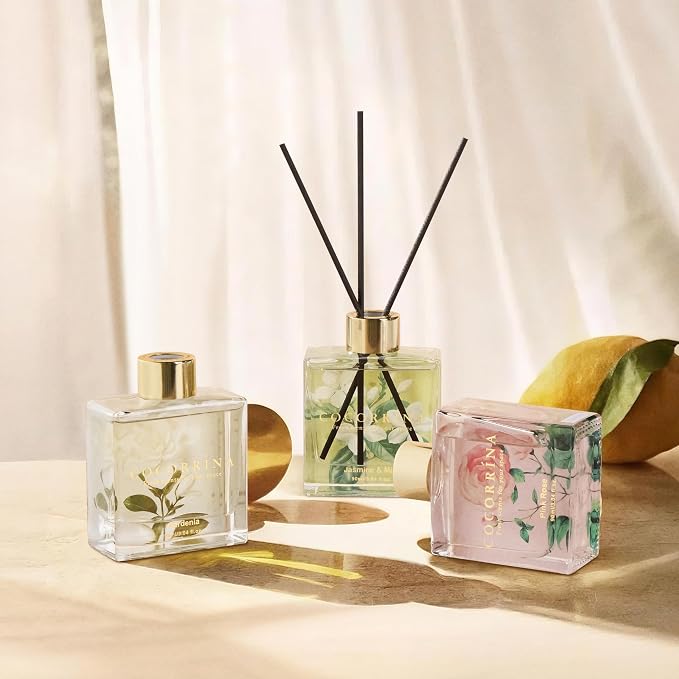 COCORRÍNA Reed Diffuser Set of 3-3 Pack/ 3.04 Fl.oz Diffuser with 24 Sticks Pink Rose/Gardenia/Jasmine & Mint, Reed Diffuser for Home Bathroom Office Decor