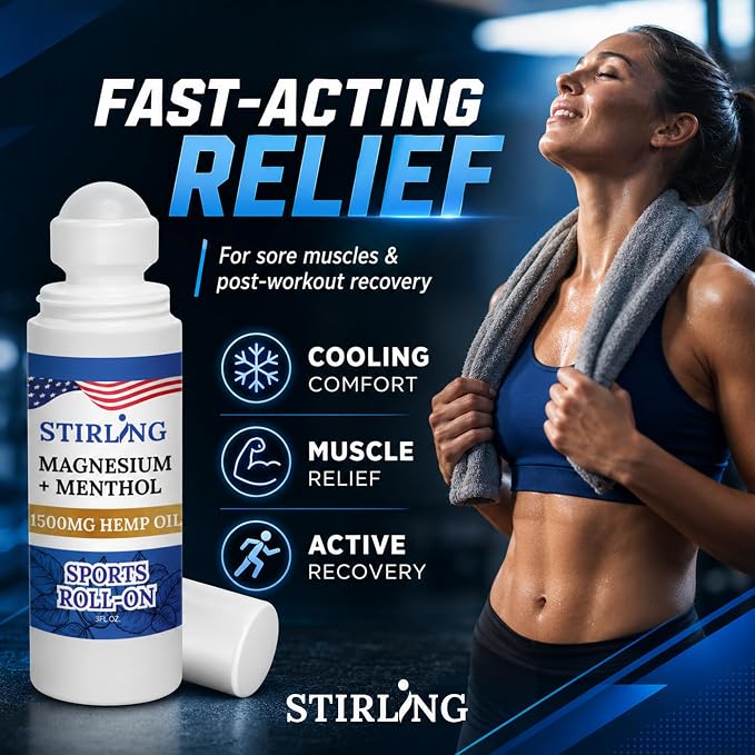 Stirling Menthol Roll On Lotion with Magnesium and 1500mg Pure Hemp - Non-GMO, THC-Free - Fast-Acting Relief for Sore Muscles and Joints, Reduces Swelling and Redness, Promotes Post-Workout Recovery