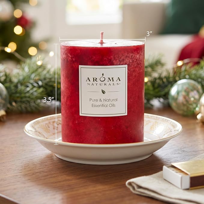 Aroma Naturals Holiday Orange, Clove and Cinnamon Essential Oil Scented Pillar Candle, Warm Spice, 3 inch x 3.5 inch