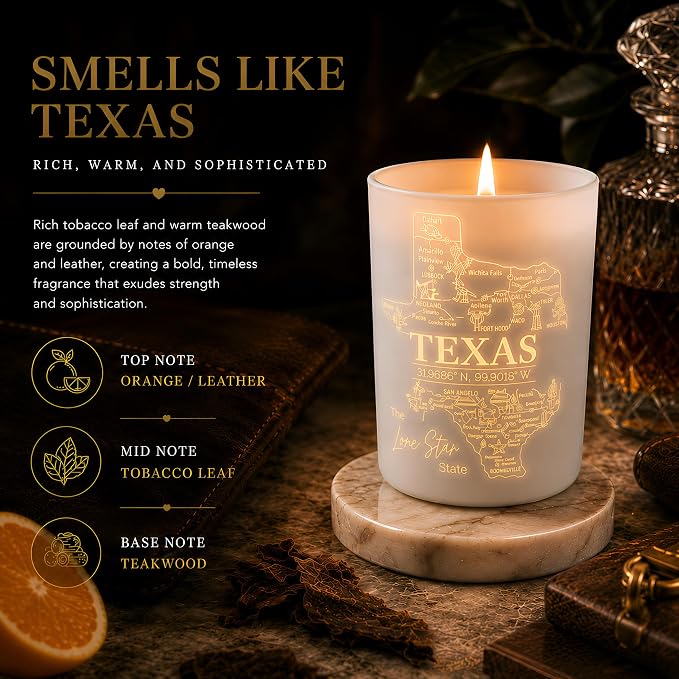 Texas Gifts Glow-Through Engraved Candle w/Teakwood, Tobacco & Rich Leather I Texas Decor for Home I Texas Souvenirs I Texas State Gifts I 9oz Jar, 50Hr Burn, USA Made