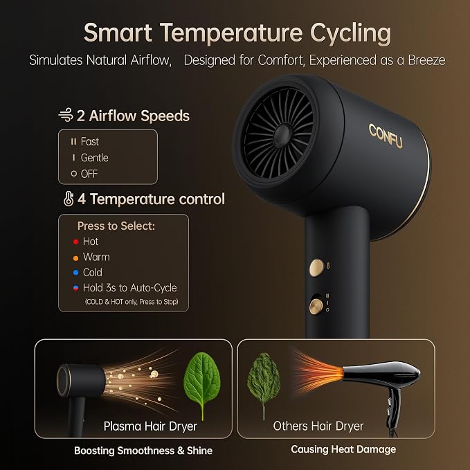 CONFU Diffuser Blow Hair Dryer - 420 Million Plasma Blowdryers for Curly/Fine/Thick/Frizzy Hair - Professional 1600 Watt Ionic Hairdryers Handheld Lightweight (Black)