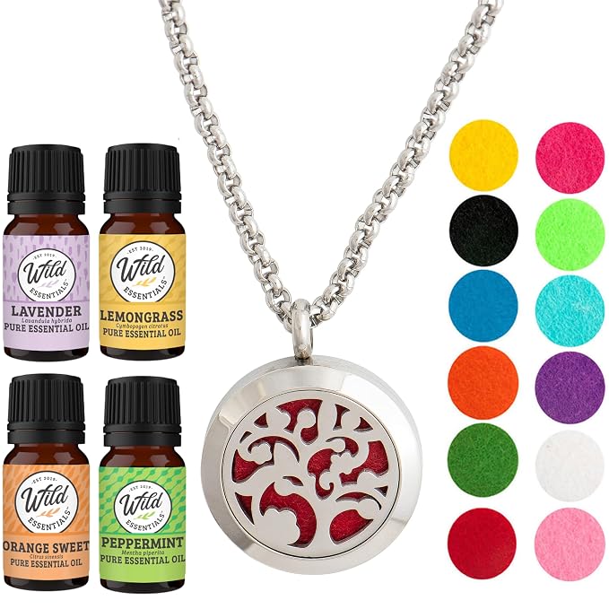 Wild Essentials Arbol Tree Necklace Essential Oil Diffuser Kit with Lavender, Lemongrass, Peppermint, Orange Oils, 12 Refill Pads, Calming Aromatherapy Gift Set, Customizable Color Changing, Perfume