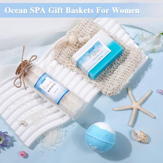 Mothers Day Gifts for Women, Spa Gifts Basket for Women, 12Pcs Ocean Bath and Body Gifts Set, Self Care Gifts for Mom, Wife, Girlfriend, Sister, Female Friends