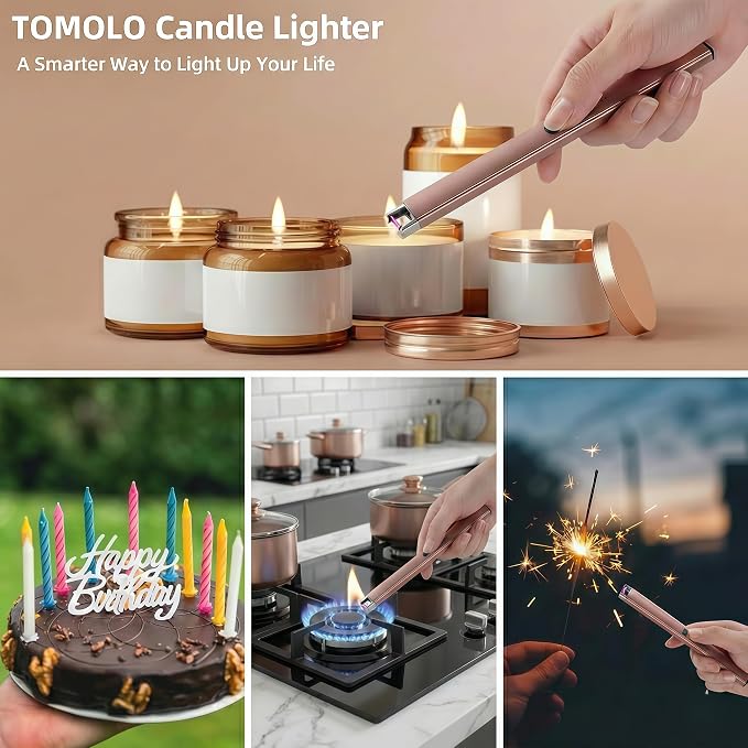 TOMOLO Electric Candle Lighter 2 Pack, Windproof Flameless Rechargeable Lighter with Safety Switch for Candle, Kitchen, Grill, Camping, Gift (Rose Gold)