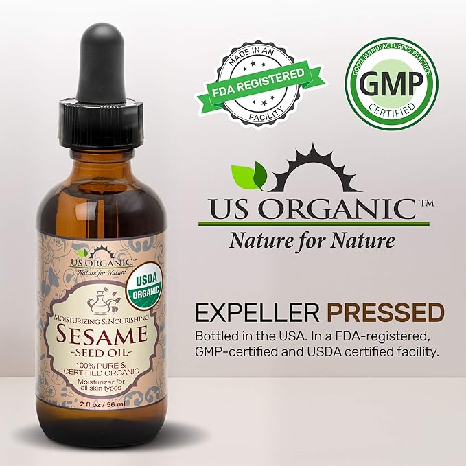 US Organic Sesame Seed Oil, Certified Organic, Untoasted, Unrefined Virgin, Pure & Natural, Cold Pressed, in Amber Glass Bottle w/Glass Eyedropper, Sourced from Mexico (2 oz (Small))