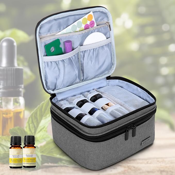 LUXJA Essential Oil Carrying Case - Holds 30 Bottles (5ml-30ml, Also Fits for Roller Bottles), Double-Layer Organizer for Essential Oil and Accessories, Gray (Bag Only)