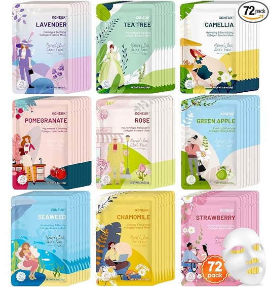 KONEUK 72 Pack Bulk Hydrating Face Masks Skincare, Collagen Sheet Face Mask for Dry, Oily Skin, Spa Gifts for Women Skin Care, Sleepover Party Supplies, Party Favors, Birthday Gifts (9 Types x 8 Pcs)