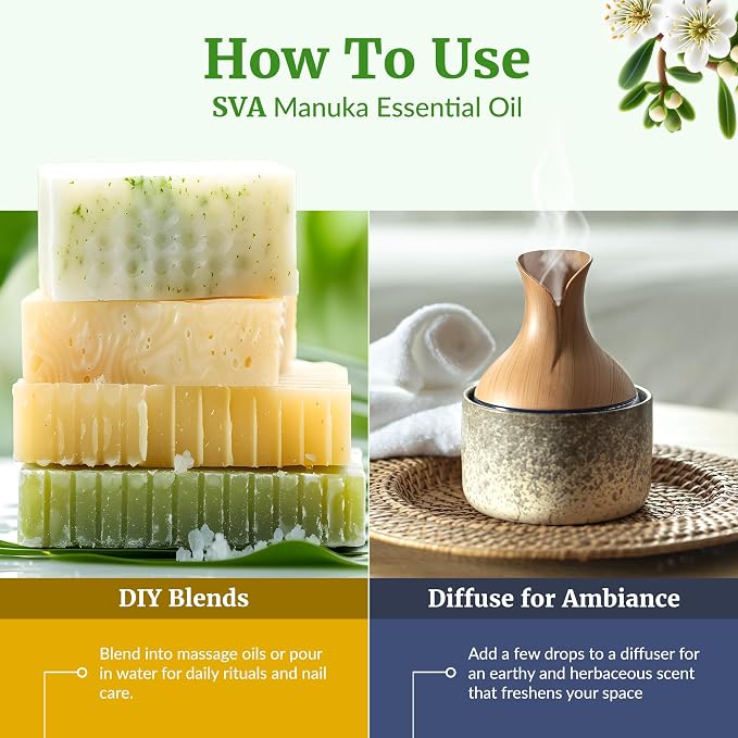 SVA Manuka Essential Oil – 1 Fl Oz – 100% Natural Manuka Oil - for Diffuser, Hair Care, Face, Skin Care, Aromatherapy, Scalp and Body Massage, Soap and Candle Making – with Dropper