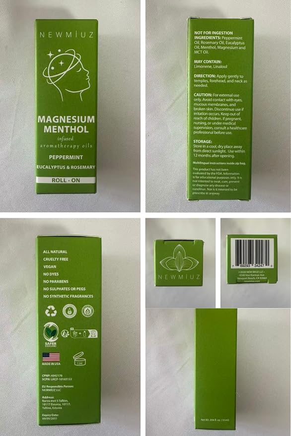 Magnesium Menthol Migraine Roll on Stick - Natural Fast Acting & Cooling Relief Peppermint Eucalyptus Aromatherapy Essential Oils for Headaches Sinus - Perfect Selfcare Gift Stocking Stuffers