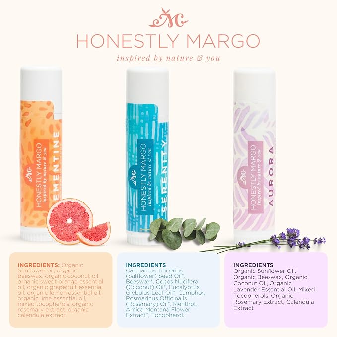 Honestly Margo Aromatherapy Balm Stick Set (Citrus, Lavender, Eucalyptus, Pack of 3) – Natural, Organic Essential Oils, Body Balm & Lip Balm | Aromatherapy Stick & Nasal Stick | Women Self Care