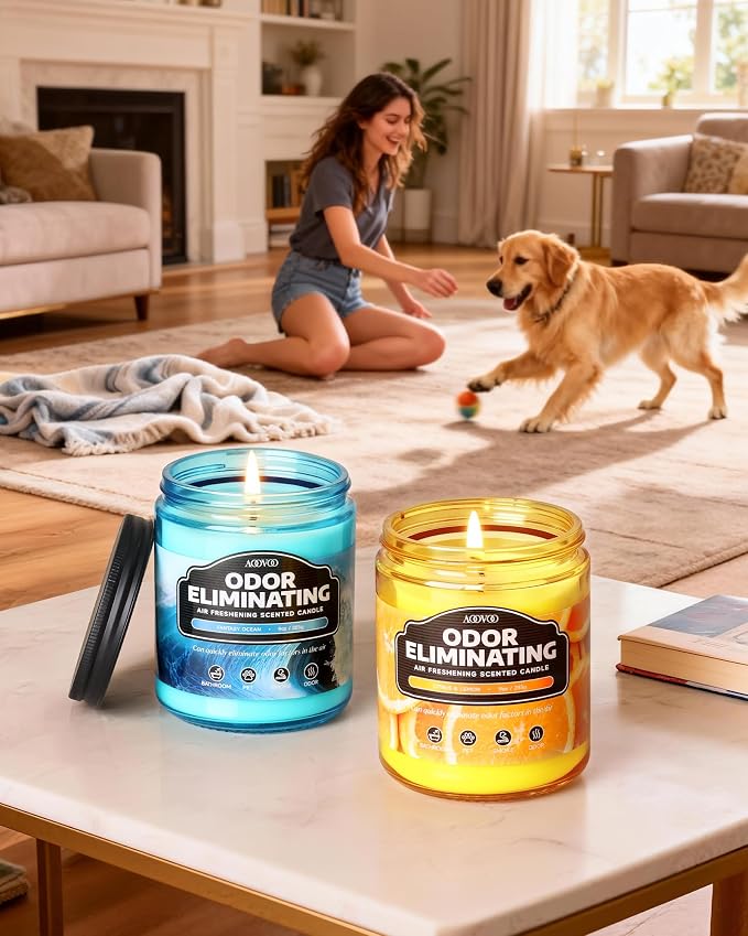 AOOVOO 4 Pack Citrus Lemon/Fantasy Ocean Odor Eliminating Highly Fragranced Candle - Eliminates 95% of Pet, Smoke, Food, and Other Smells Quickly, Non Toxic Air Freshing Soy Candle