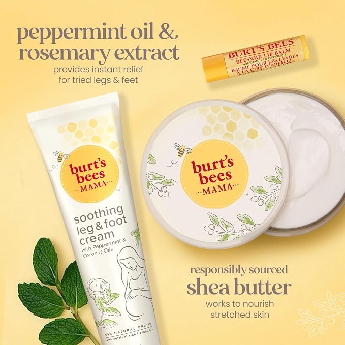 Burt's Bees Mama Gift Set, Includes Lip Balm, Leg and Foot Cream, and Belly Butter, Natural Origin Skin Care, 0.15 oz./3.38 oz./6.5 oz.