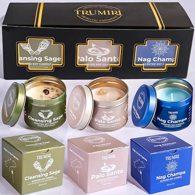 Cleansing Sage, Palo Santo, Nag Champa - Soy Candles Non Toxic - Highly Scented Long Lasting with Essential Oils - Variety Pack of 3 x 5oz - for Home Aromatherapy Meditation Gift Travel