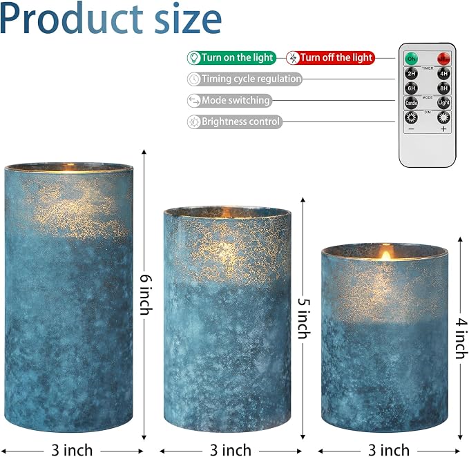 ANGELLOONG Blue Flameless Candles with Remote, Flickering Led Candles with Timer, Electric Pillar Candles for Bathroom Kitchen Room Home Decor, Sandblast Blue