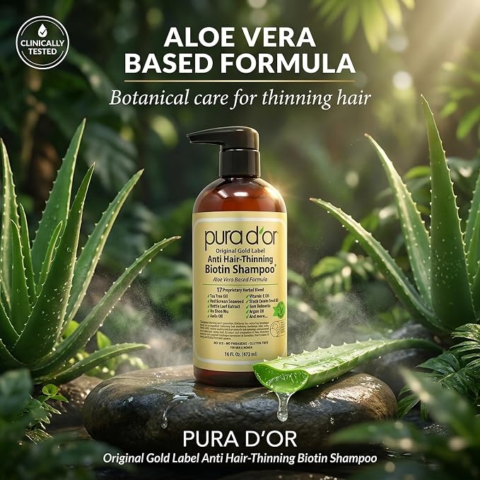 PURA D'OR Original Gold Label Anti-Thinning Shampoo - CLINICALLY TESTED - Biotin & Argan Oil – Sulfate-Free Strengthening & Volumizing for Fuller-Looking Hair, Men & Women, Natural Earthy Scent 16 oz