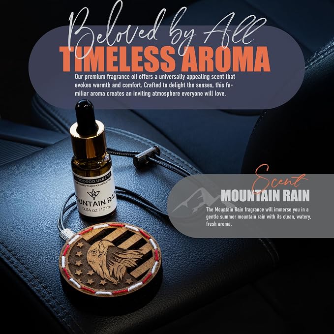 Handmade Wood Car Air Freshener — American Flag Designed Refillable Essential Oil Diffuser — Long Lasting Mountain Rain Fragrance Oil 10 ml — Car Accessories Gift Box