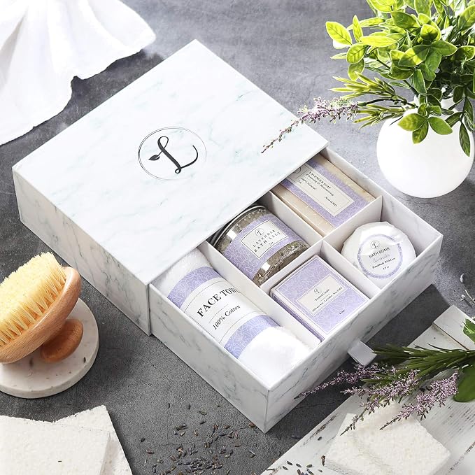 Spa Gift Set 100% Natural, Gift Box Includes: Bath Bomb, Bath Salt, Hand Soap, Scented Candle, Face Cloth and Gift Box. Best Gift for Her. (Lavender)