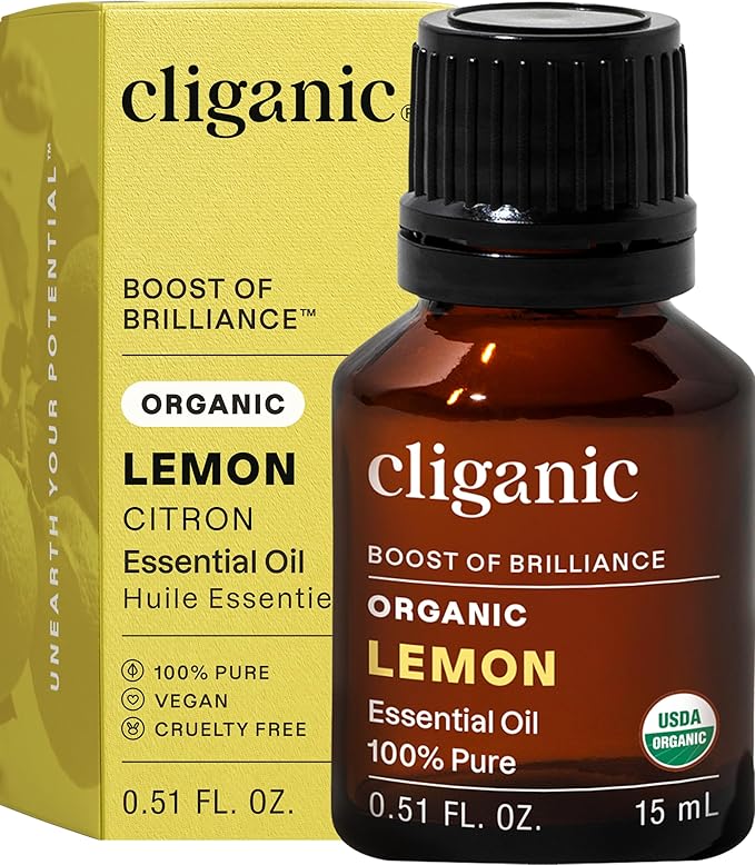 Cliganic Organic Pure Lemon Essential Oil 0.51 Fl Oz – 100% Natural Aromatherapy for Diffuser, Massage, Cleaning & Relaxation – Fresh Citrus Scent, Energizing & Uplifting Oil