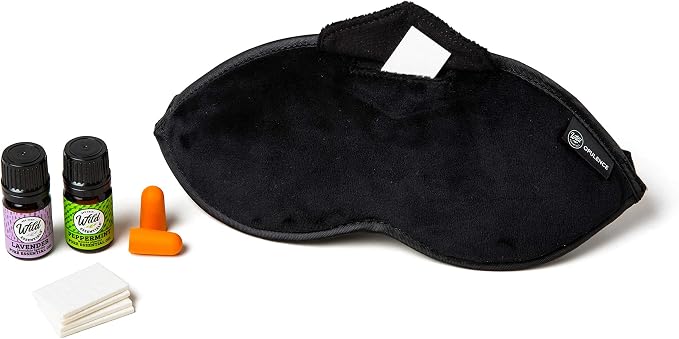 Redolence Aromatherapy Plush Sleep Mask Set w/ 2-5ml Pure Essential Oils - Lavender and Peppermint, 5 Refill Pads and Pair of Foam earplugs (Black)