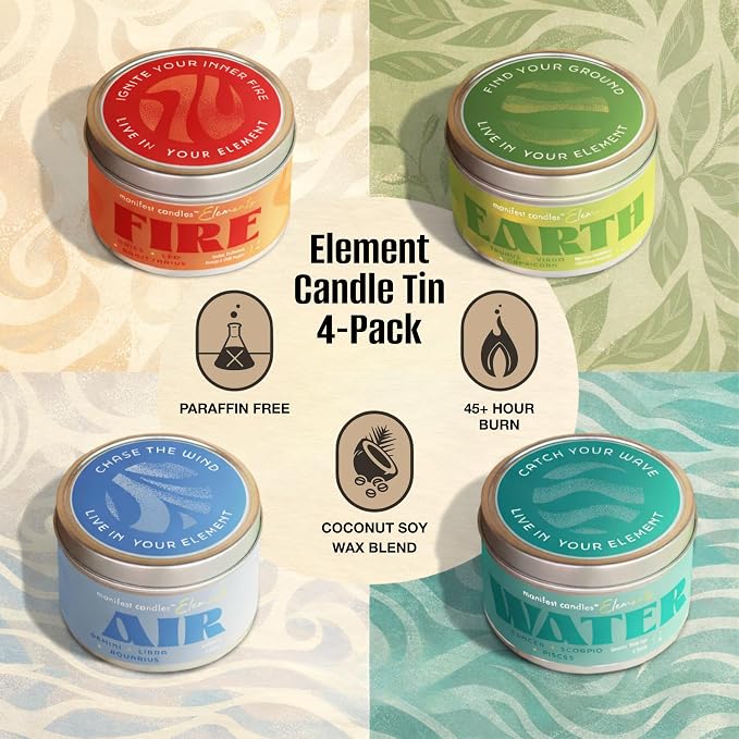 Zodiac Candles Gift Set 4 Pack – Astrology Candles for Women, Horoscope Candle Set with Fire Earth Air & Water Elements, Coconut Soy Wax, 7oz Tin Candle – Zodiac Gifts for Women, Astrology Gifts