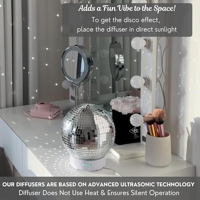 SCANDINORDICA Disco Ball Diffuser Rotating - 300ML Essential Oil Diffuser with Whisper Quiet Operation, 7 Color Night Light & 4 Time Settings | Aromatherapy Diffuser for Large Room Silver