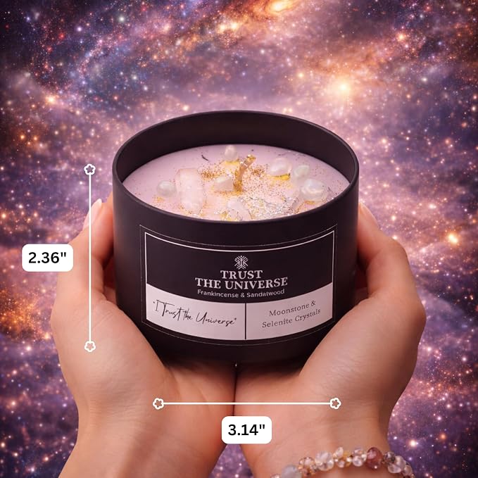 Trust the Universe Crystal Candle, 8oz Soy Wax with Moonstone & Selenite Crystals, Frankincense & Sandalwood Aromatherapy for Meditation, Manifestation & Spiritual Gifts for Women and Men