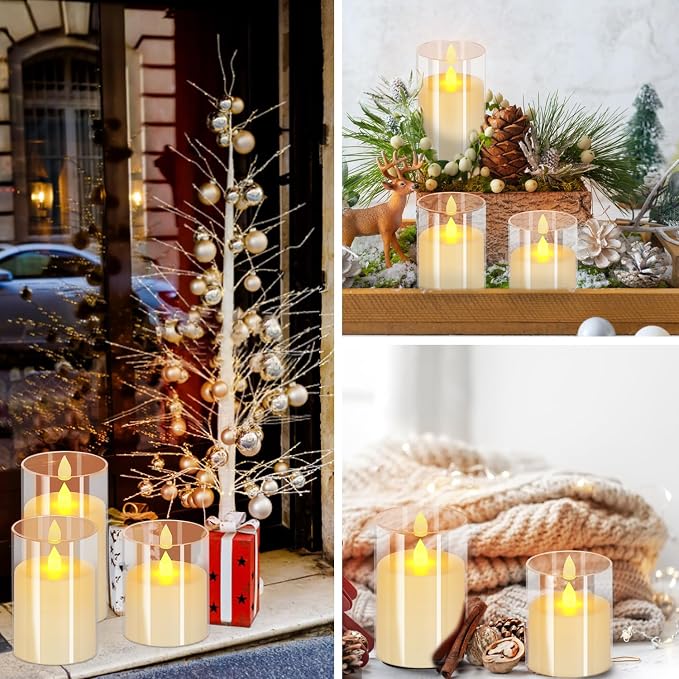 wemarry Flameless Candles 4" 5" 6" Acrylic Glass Pillars 3" Diameter Battery Operated Flickering Candles Include 8-Key Remote with Timer Function 400+ Hours (Pure White, Warm Light 6 Pack)