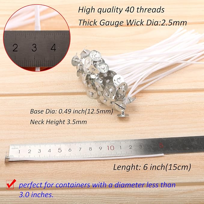 MILIVIXAY 6" Candle Wick Bundle: 100PCS Candle Wicks, 100PCS Candle Wick Stickers and 6PCS Wooden Candle Wick Holders - Wicks Coated with Paraffin Wax, Cotton Wicks Kits for Candle Making.