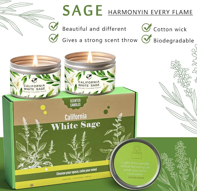 Sage Candles Gift Set, 6-Pack 6oz Natural Soy Wax Aromatherapy Candles, Clean Burn & Lead-Free Cotton Wicks, Calming Scents for Spiritual Meditation, Housewarming Birthday Self Care Gifts for Women