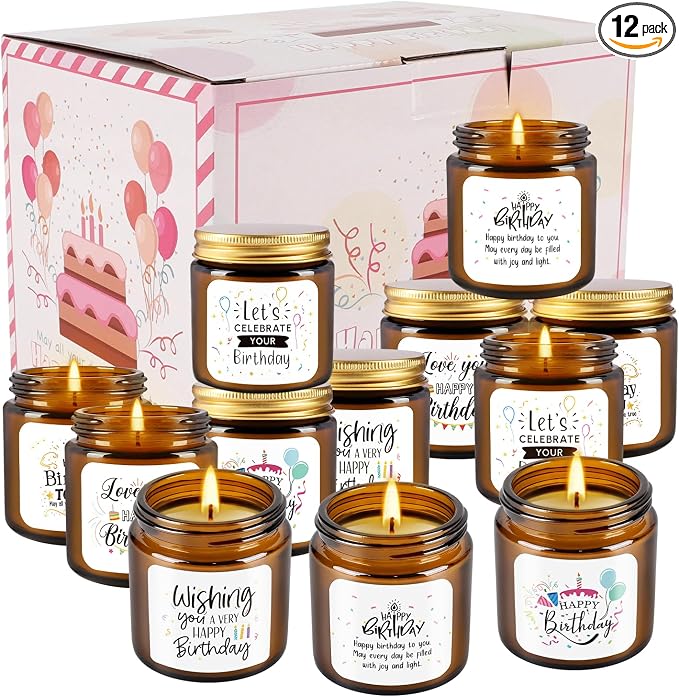12-Pack Birthday Scented Candles, 3.05 oz Each, Natural Soy Wax, Long-Lasting Romantic Fragrance, Funny Happy Birthday Gift Set, Unique Gifts for Women Men, Gift-Ready