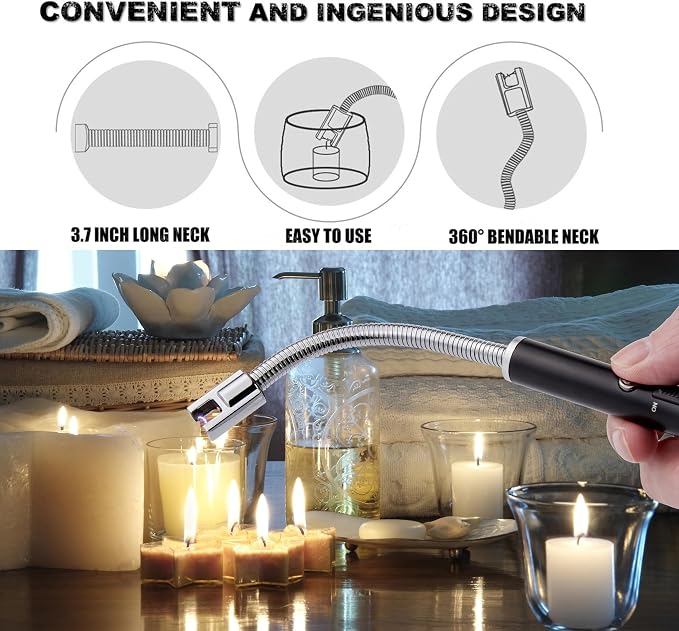 TOMOLO Electric Lighter 2 Pack, Long Flexible Neck Candle Lighter with Safety Switch, Windproof Plasma Flameless USB Rechargeable Lighters for Candles, Grill, Camping & Gas Stove (Black&Silver)