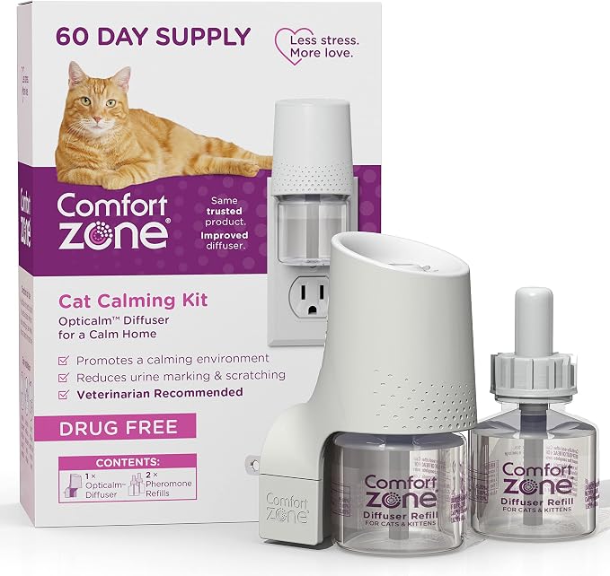 Comfort Zone 60-Day Starter Kit: 1 Cat Calming Diffuser & 2 Refills; Cat Pheromones Help Anxiety; Reduce Stress, Urine Marking, Scratching