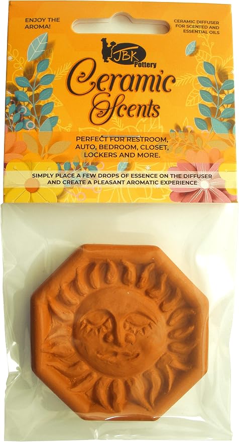 JBK Pottery Ceramic Clay Diffuser – Passive Aromatherapy Oil Diffuser for Essential Oils, Great Home Decor, Car & Office Desk, Outdoor Patio Scent Warmer, Travel Size Gift, Small Mini Terracotta (Sun)
