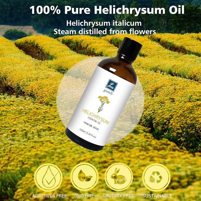 GM Gumili Helichrysum Essential Oil, 100% Pure Helichrysum Oil for Skin, Bruising, Body, Spray & DIY- 100ml