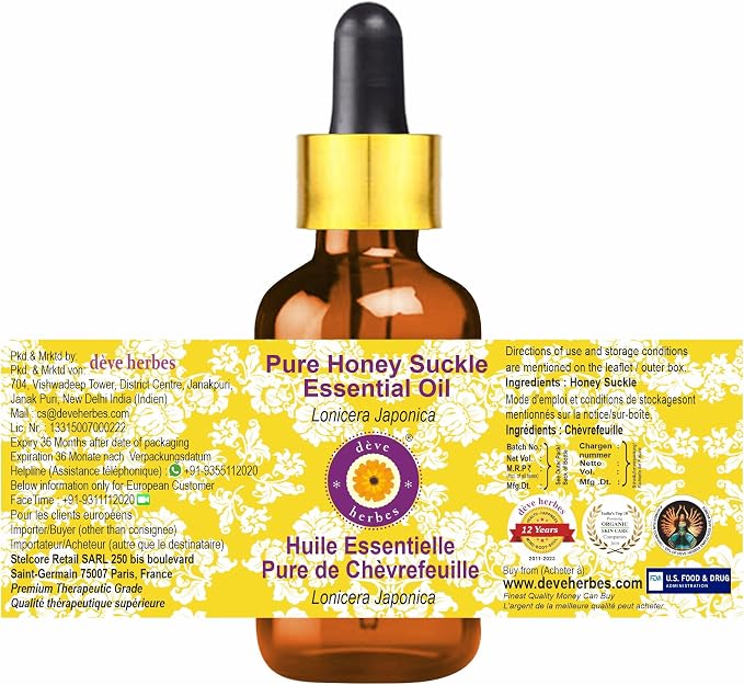 Deve Herbes Pure Honey Suckle Essential Oil (Lonicera Japonica) with Glass Dropper Steam Distilled 15ml(0.5oz)