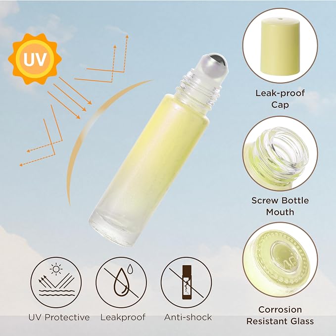SESENSE Essential Oil Roller Bottles, 10ml Thick Glass Perfume Roller Bottles with Funnel Opener and Dropper Colored Glass Empty Bottles with Stainless Steel Roller Balls (Yellow, 12 Pack)