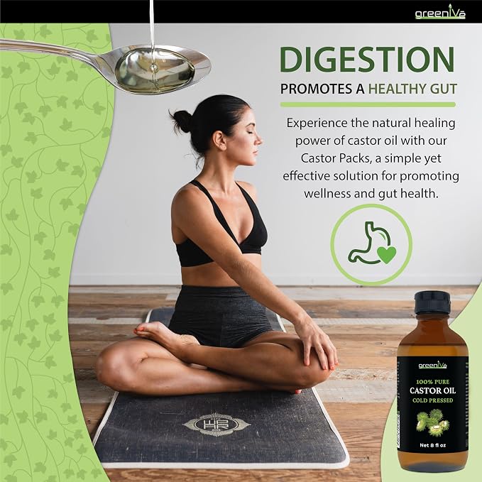 GreenIVe 100% Pure Castor Oil – Cold-Pressed, Hexane-Free – Hair, Eyebrows, Eyelashes, Skin Moisturizer, Castor Pack Wrap Oil GLASS Bottle (8 Fl Oz)