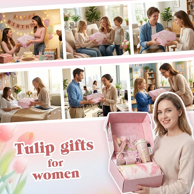 Mothers Day Gifts for Women, Tulip Gift Basket for Mom Self Care Spa Gift Set Get Well Soon Care Package Recovery Birthday Teacher Appreciation Gifts Thinking of You for Wife Girlfriend Sister