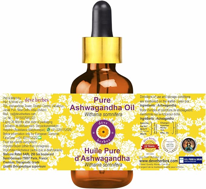 dève herbes Ashwagandha Oil (Withania somnifera) with Glass Dropper | Infused | Pure | Non-Sticky | Lightweight | for Facial Care | Men & Women | 30ml (1 oz)