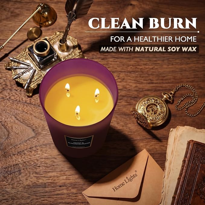 HomeLights Premium Scented Candles - 33.3 oz Natural Soy Wax, Aromatherapy for Home, Long Lasting Smokeless, 130 hrs Burn Time, 3 Cotton Wicks, Gifts for Women & Men - Peony & Almond Blossom