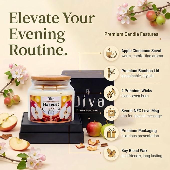 DV DIVA Apple Cinnamon Scented Soy Wax Candle Gift 14oz Anniversary, Valentine & Birthday Gift Luxury Large Candle with Hidden NFC Love Message Soft Fragrance for Home Decor & Relaxing Ambiance