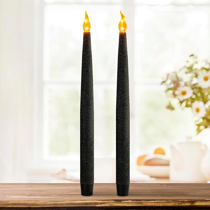 FURORA LIGHTING Black Glitter LED Taper Candles, 2-Pack, 6/18 Timer, Batteries Included