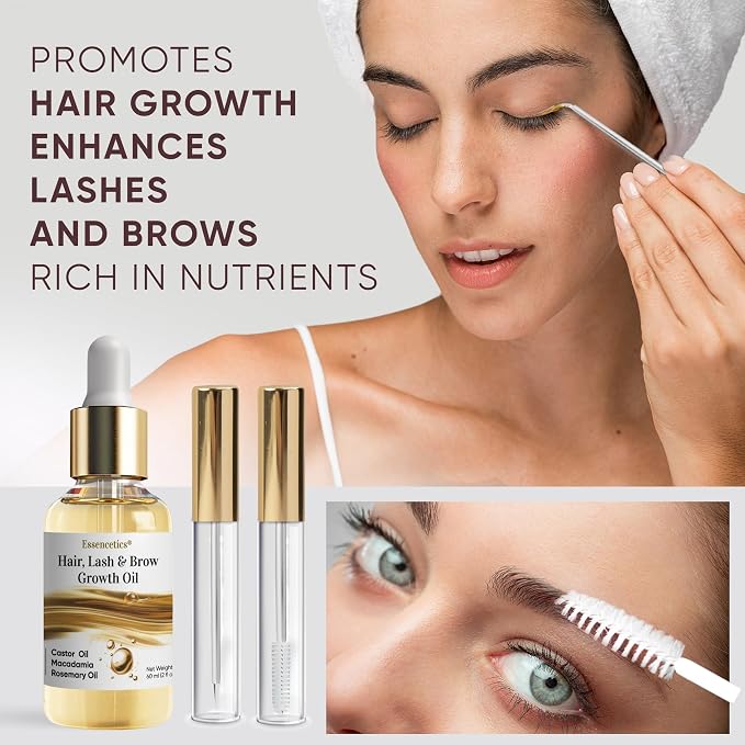 Castor Oil Organic Cold Pressed Unrefined Glass Bottle, Eyebrow Eyelash Growth Serum, Hexane-Free, Pure Rosemary, Macadamia Infused Oils for Hair and Scalp Growth, Natural Brow Lash Oil 2oz