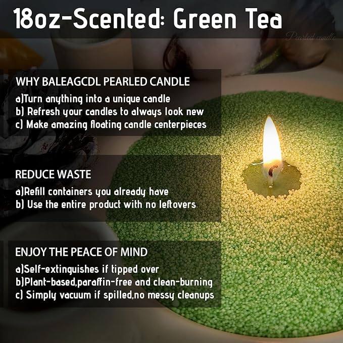 Pearled Candle, 18 Oz Green Tea Scented Sand Candle with 30 Wicks, Light Green Refillable Pearled Wax, Up to 120 Hours Smooth Clean Burning, Perfect for DIY Candle Making