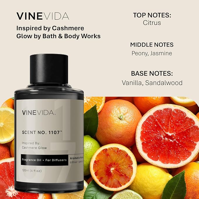 VINEVIDA [4 Fl Oz] Scent NO. 1107 Fragrance Oil for Cold Air Diffusers, Aromatic Notes of Citrus Peony Sandalwood, Essential Oils for Diffuser Oil Refill & Air Freshener Room Spray