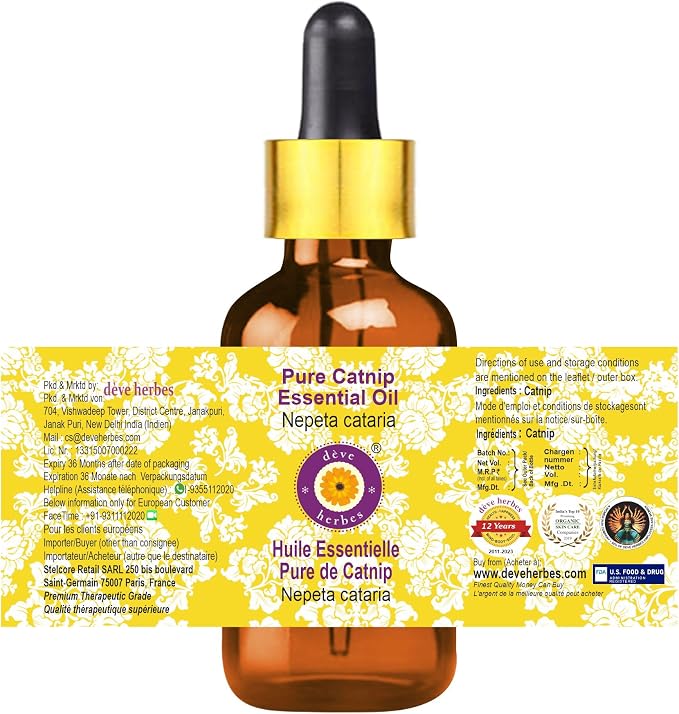 Deve Herbes Pure Catnip Essential Oil (Nepeta cataria) Steam Distilled with Glass Dropper 100ml (3.38 oz)