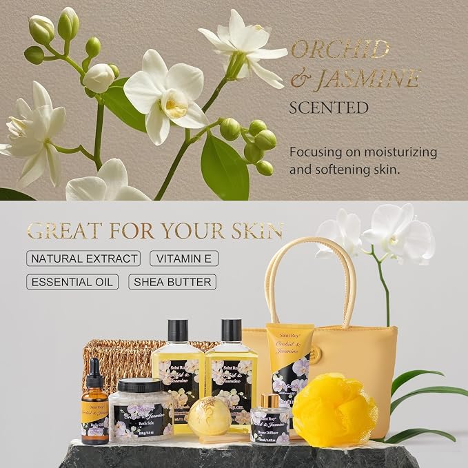 Spa Kit Gifts for Women Gift Basket, 15Pcs Bath and Body Spa Gift Basket | Home Spa Self Care with Purse Handbag, Relaxing Pampering Care Kit Orchid Jasmine Gifts for Birthday, Mom, Anniversary
