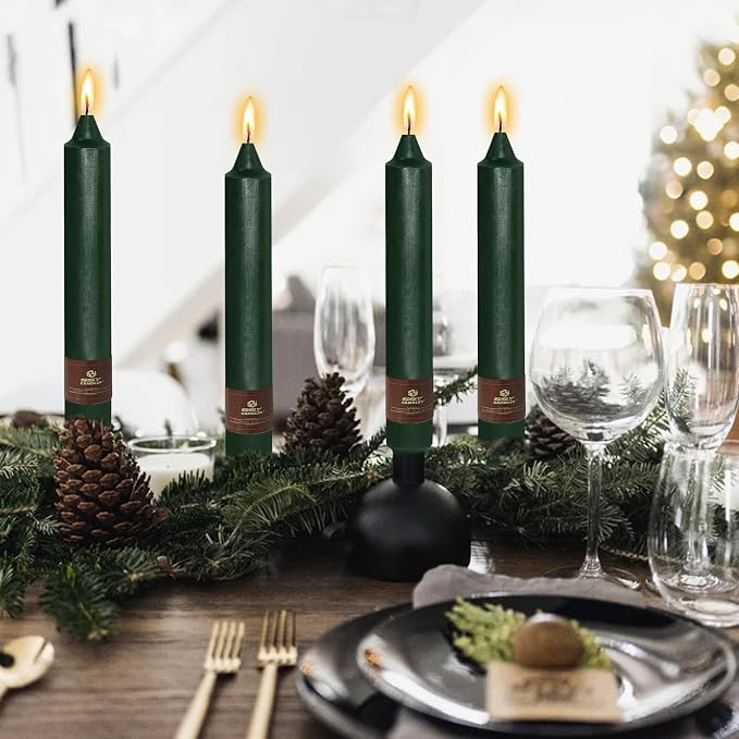 Christmas Hunter Green Candle 9 Inch Tall Smokeless Taper Candles 4 Pack Unscented Dinner Candle for Christmas Festive, Halloween Thanksgiving Day Fall Home Decor
