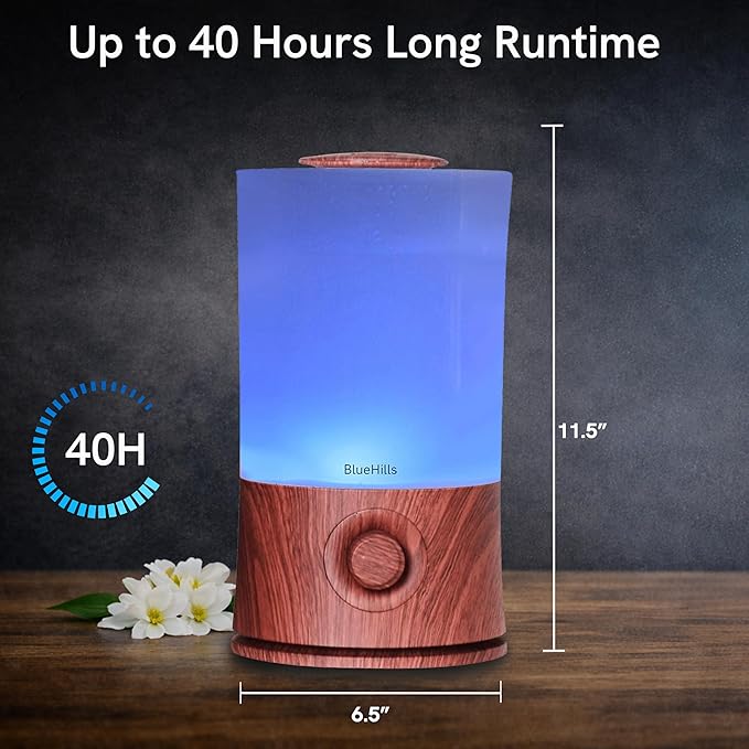BlueHills Premium 2000 ML XL Essential Oil Diffuser Aromatherapy Humidifier for Large Room Home 40 Hour Run Huge Coverage Area 2 Liter Extra Large Capacity Diffuser High Mist Dark Wood Grain E003